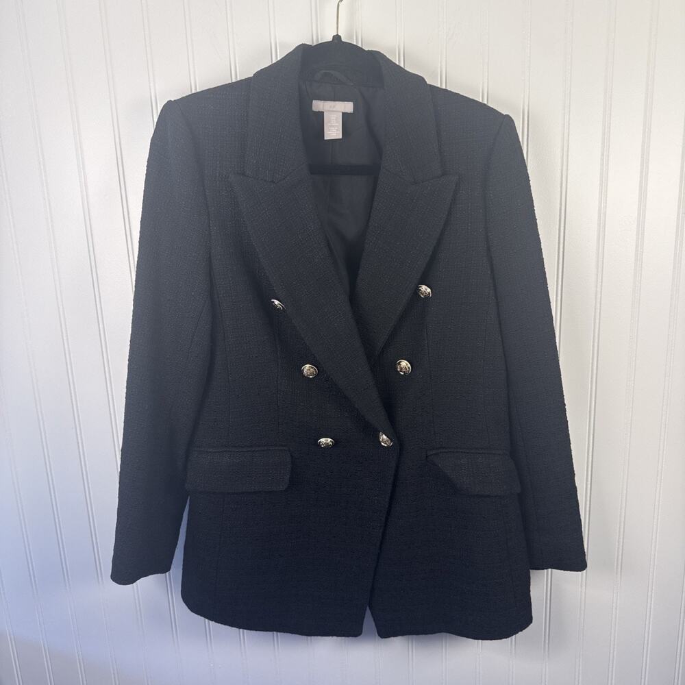 Boucle Tweed double breasted blazer Jacket Medium Black H&M Gold Buttons office